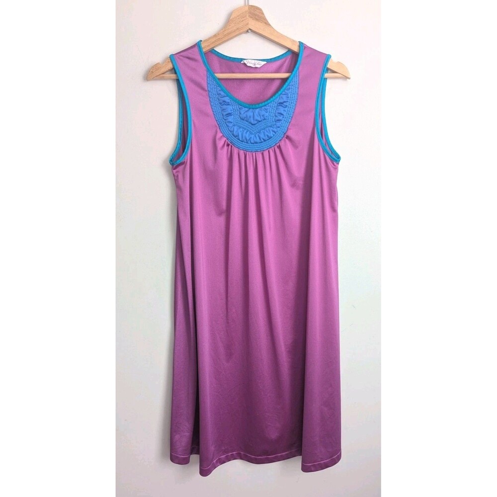 Vtg 80s Vanity Fair Silky Nylon Summer Nightgown Hot Pink Teal  Sleeveless S
